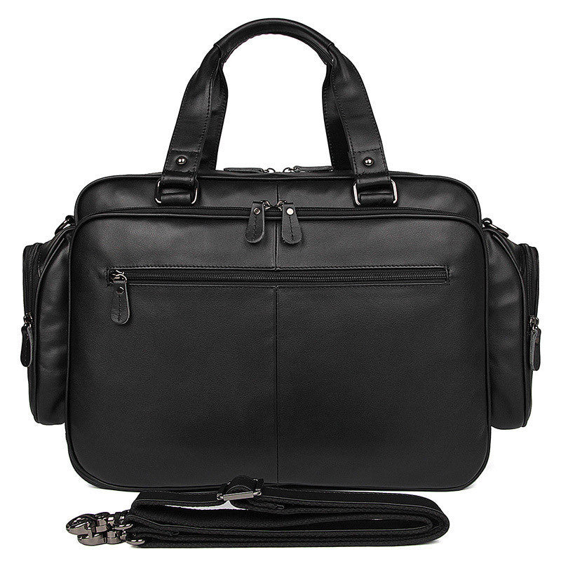 Black leather briefcase with shoulder strap on a white background