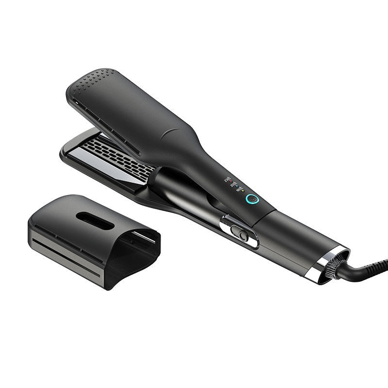 Black hair straightener with a cover on a white background