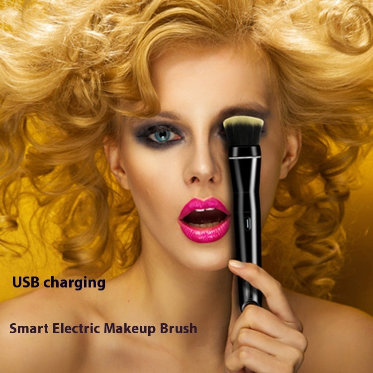 Woman with blonde hair and makeup brush, with text 'USB charging' and 'Smart Electric Makeup Brush'.