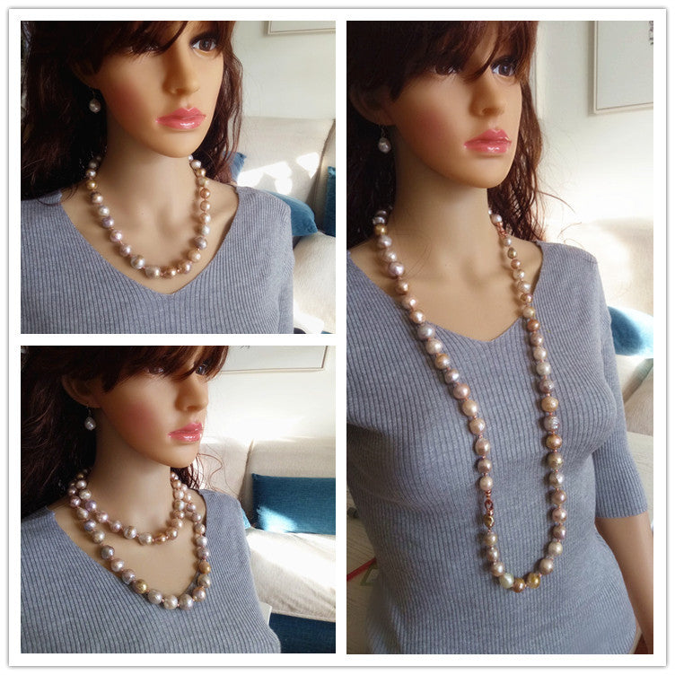 Collage of a mannequin wearing a long pearl necklace with a neutral background.