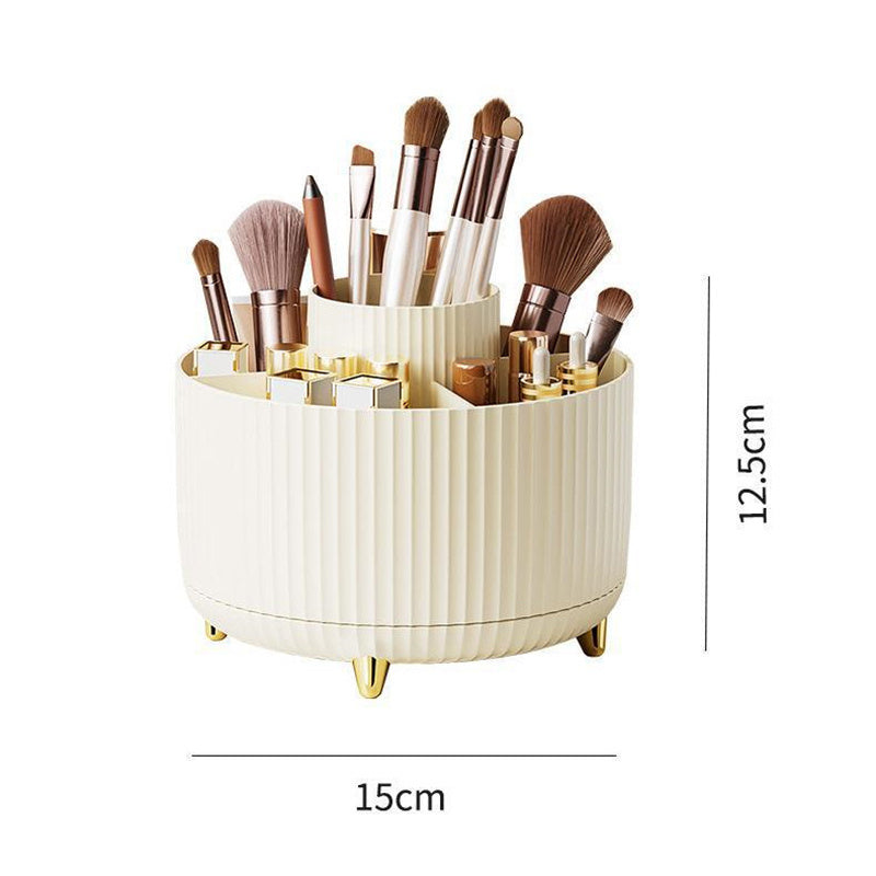 Makeup brush holder with brushes inside, dimensions indicated on a white background