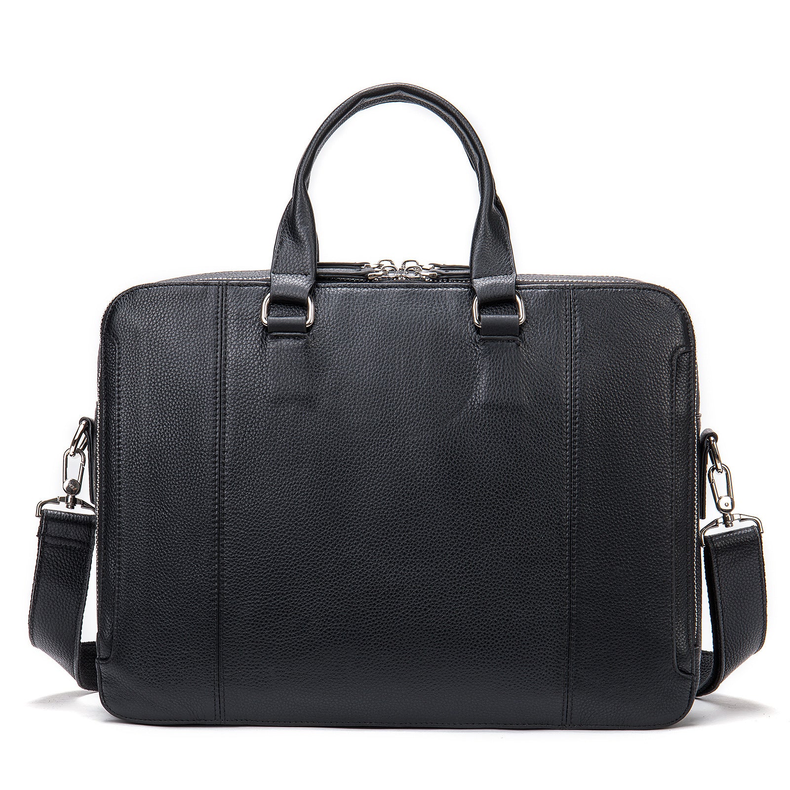 Black leather briefcase with shoulder strap on a white background