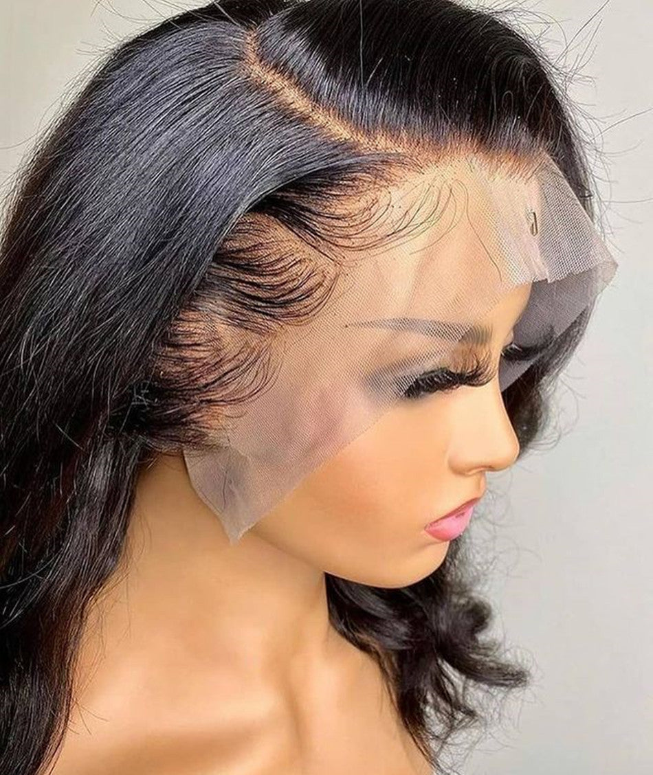 13x4 Body Wave Lace Front Wig showing natural 1B color, pre-plucked hairline, bleached knots, and baby hair details