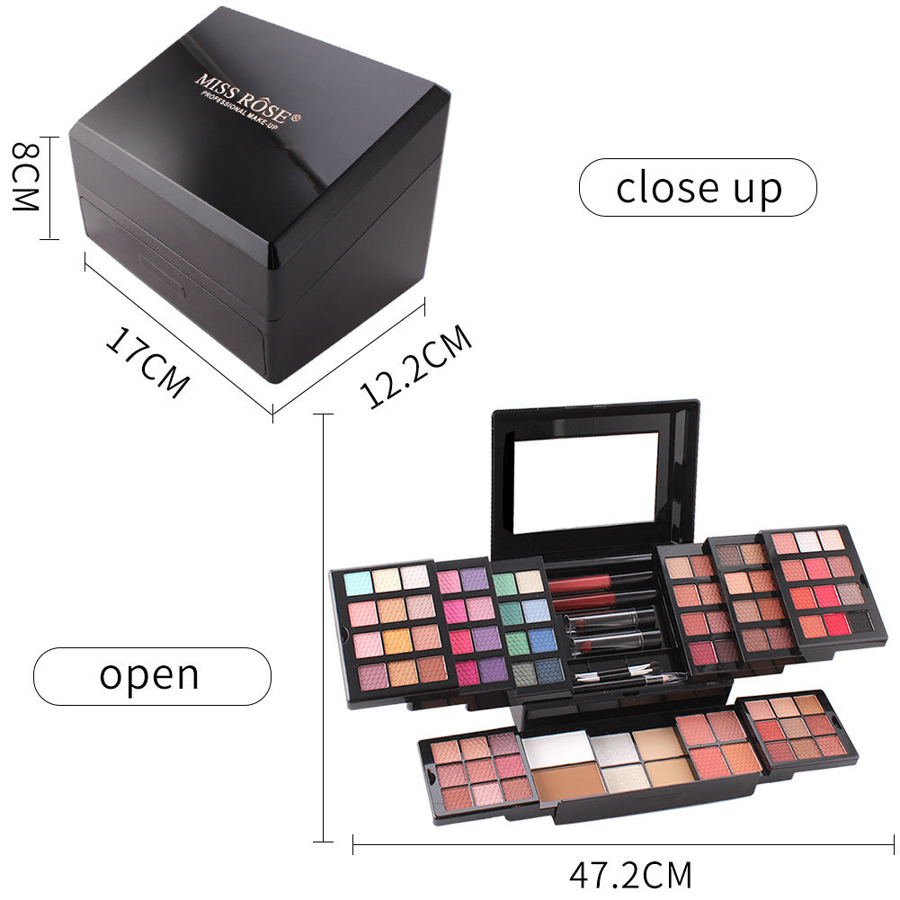 Makeup palette with open and closed views, dimensions labeled, and 'Miss Rose' branding.