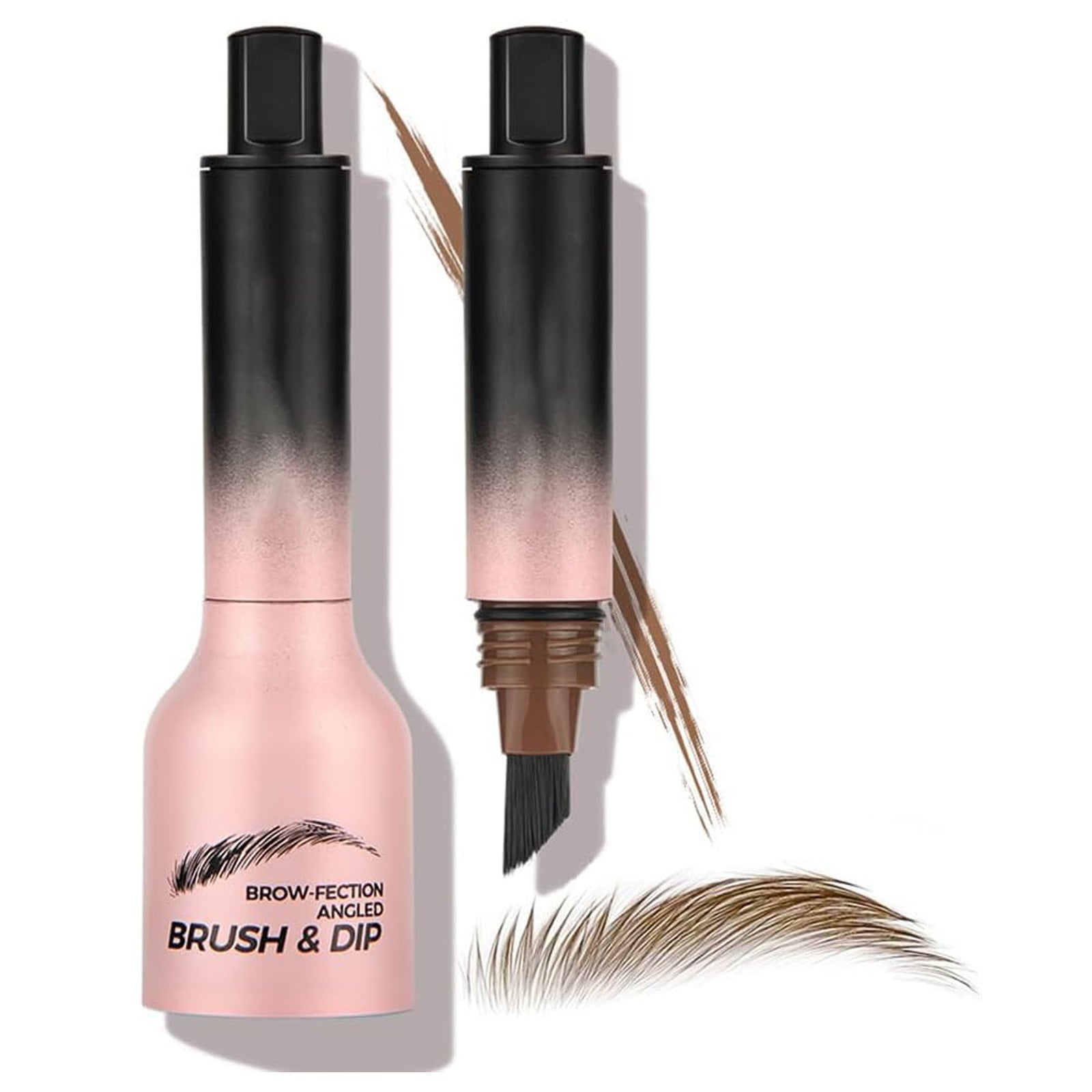 Brow pencil with pink and black gradient design on a white background