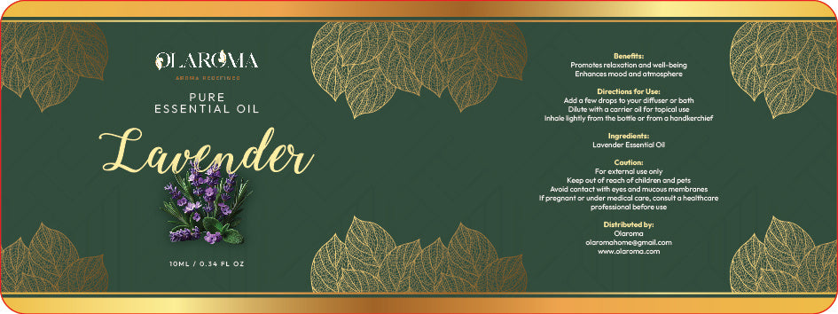 Label of a lavender essential oil bottle with branding and product details.