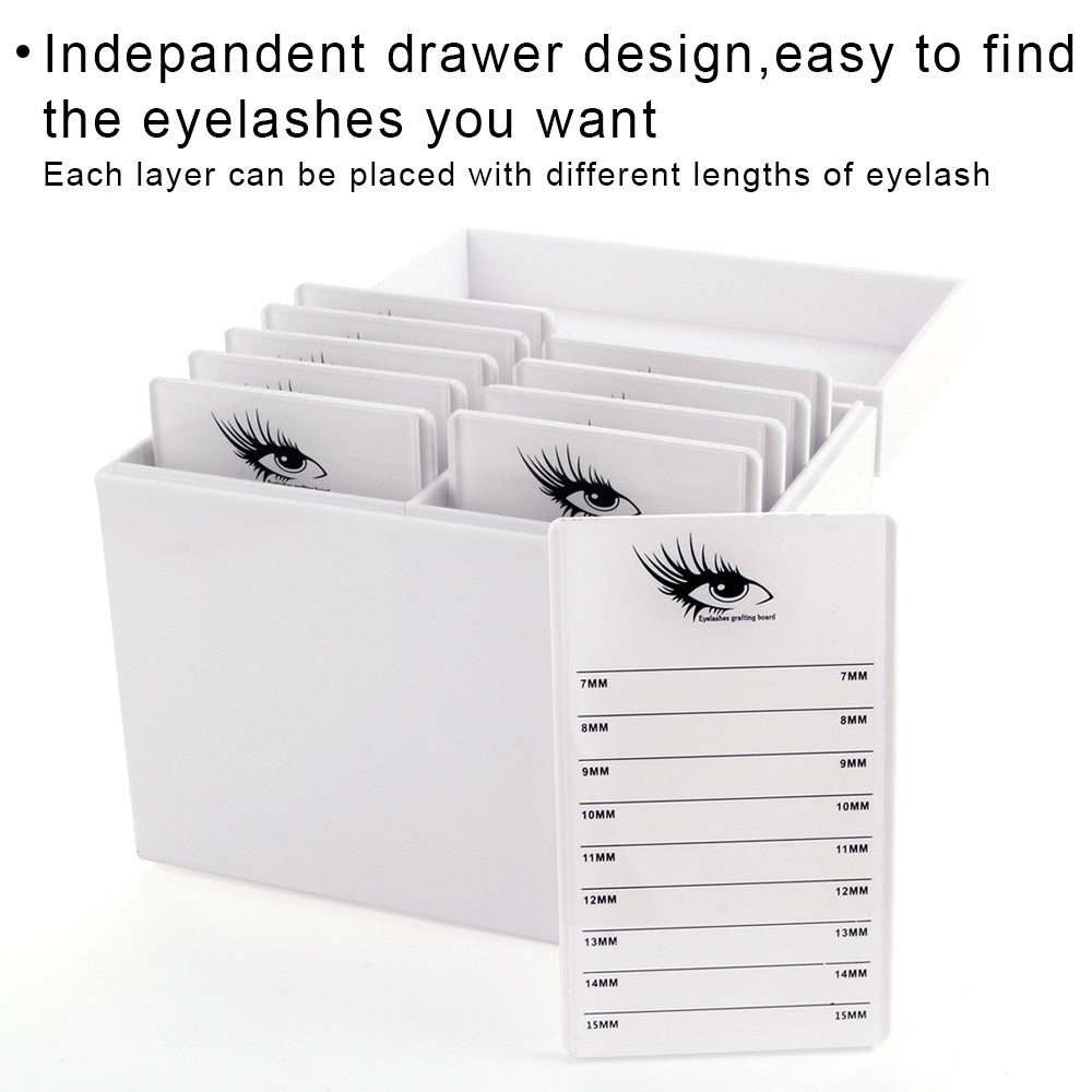 Eyelash organizer with labeled drawers for different lash lengths on a white background