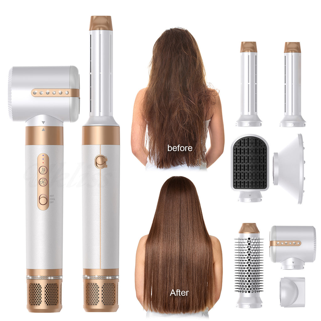 Hair styling tool with attachments and before/after hair comparison on a white background