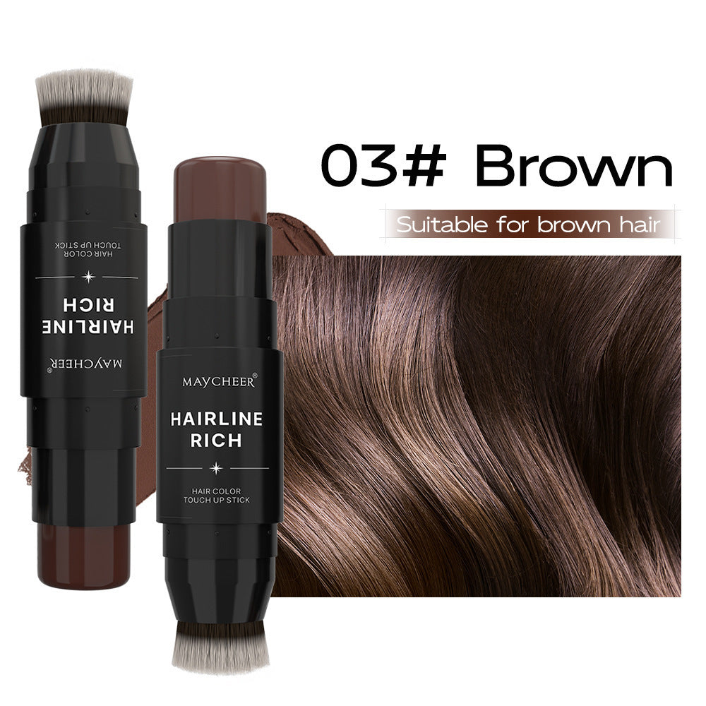 Hairline Rich hair color touch-up stick in brown with a brush on a white background.
