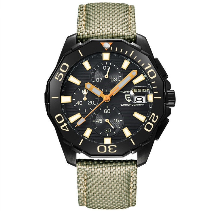 Wristwatch with green strap and black dial on a white background