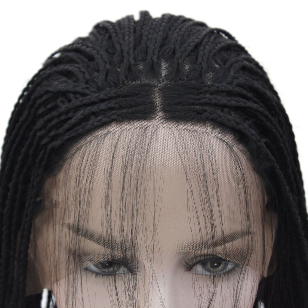 Black braided wig on a mannequin head with a clear background