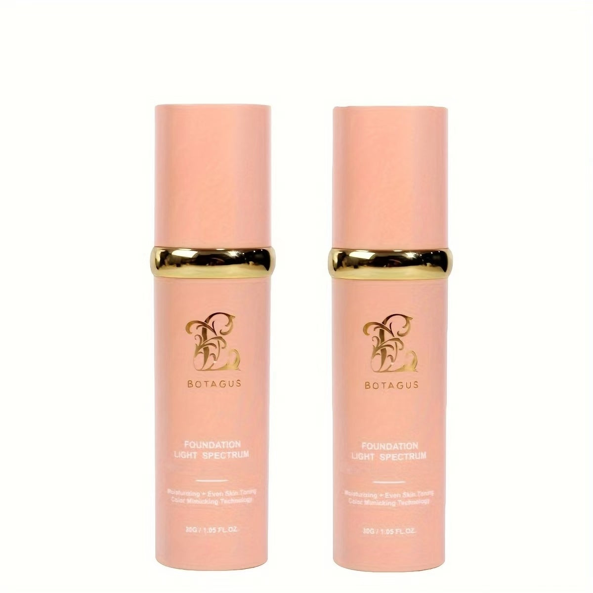 Two pink skincare bottles with gold caps on a white background