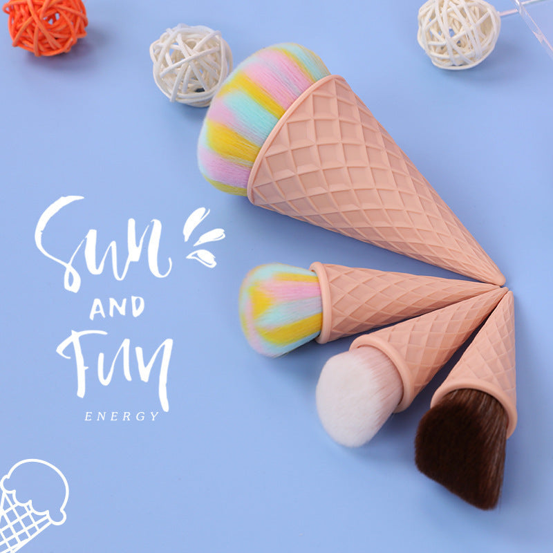 Ice cream cone-shaped makeup brushes with colorful bristles on a blue background, featuring the text 'Sun and Fun Energy'.