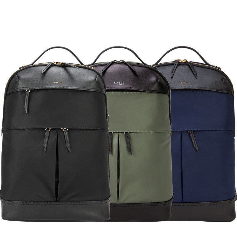 Three backpacks in black, green, and blue on a white background