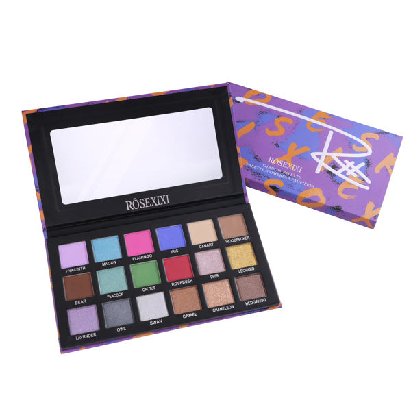 Makeup palette with colorful swatches and 'Rösexixi' branding on a white background