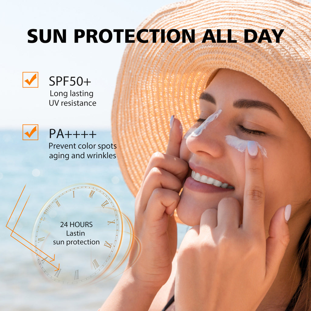 Woman applying sunscreen with text highlighting SPF50+, PA++++, and 24-hour sun protection.