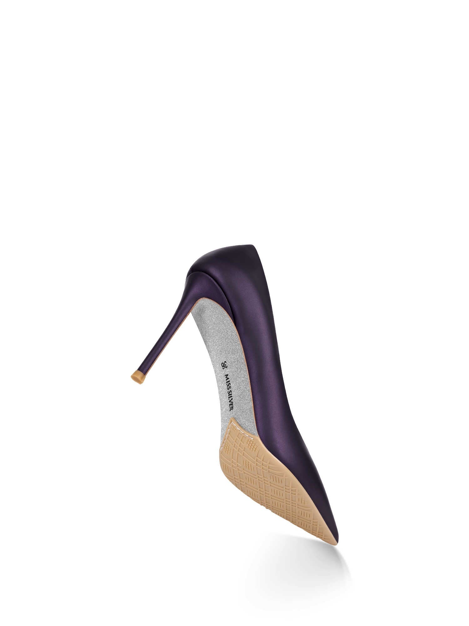 Purple high-heeled shoe with beige sole on a white background