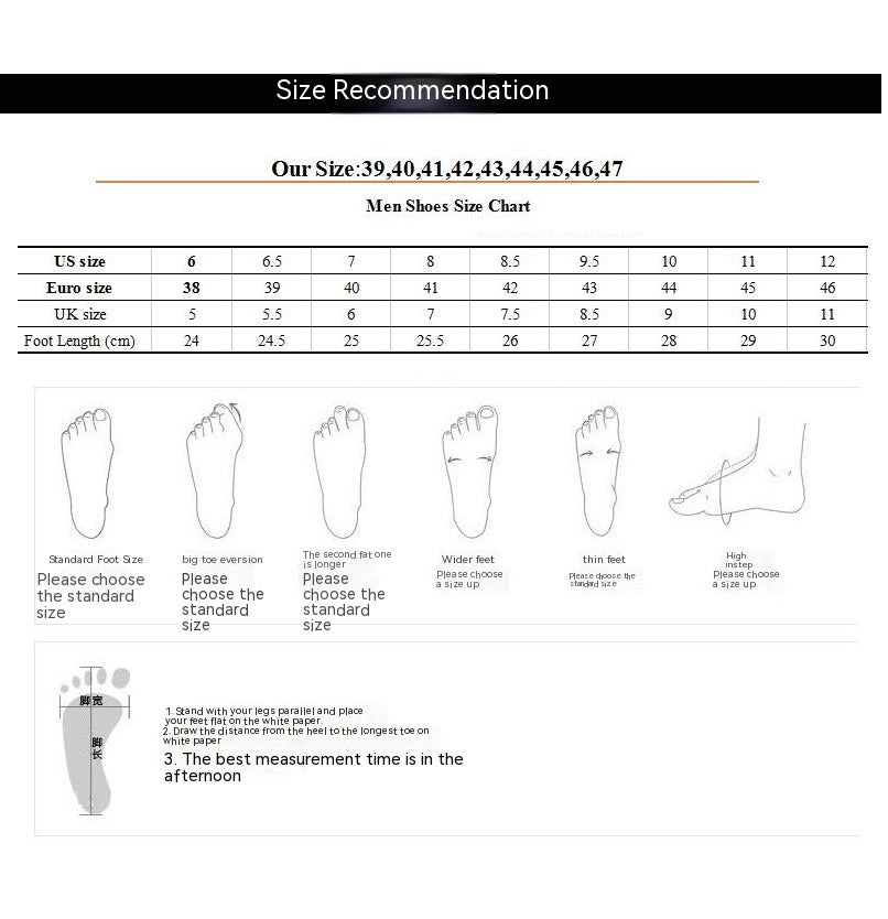 Men's shoe size chart with foot measurements and recommendations.