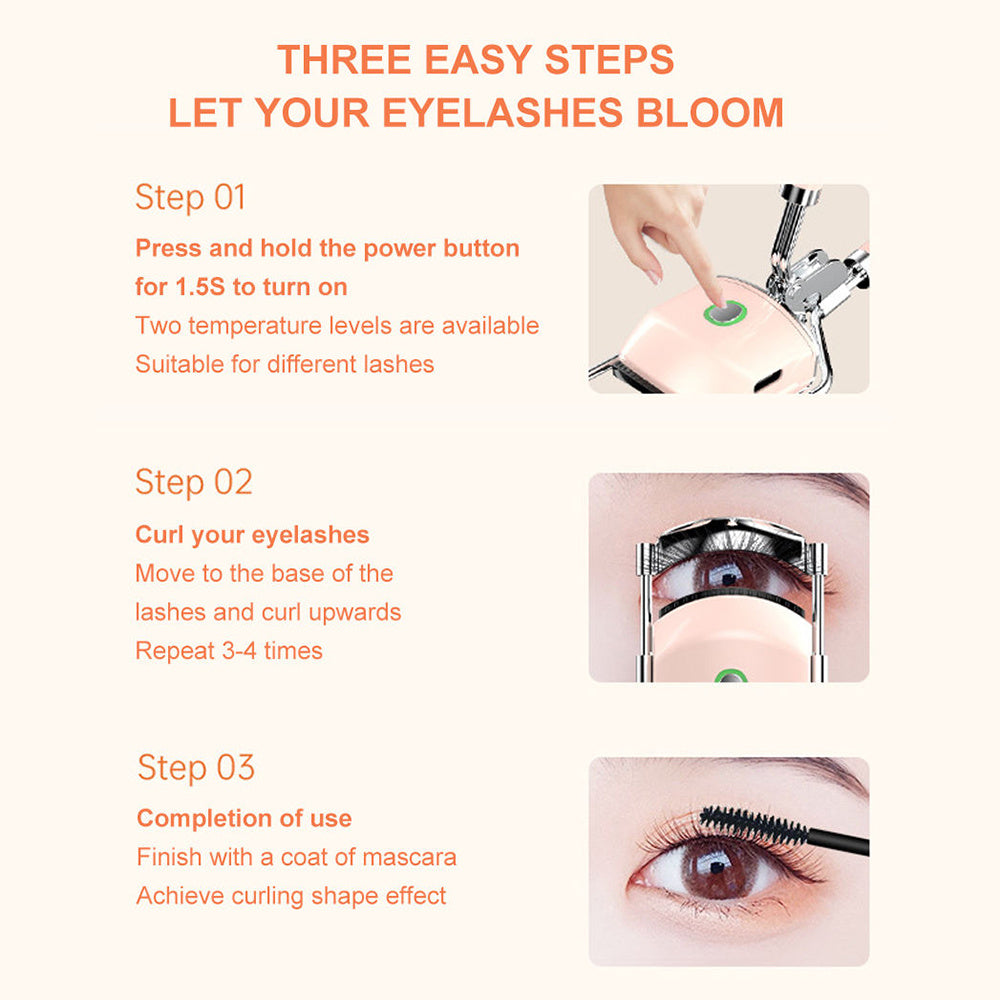 Instructions for using an eyelash curler with text and images on a white background