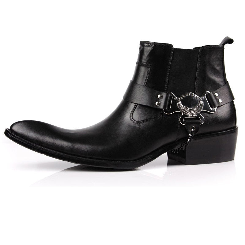 Black leather boot with a decorative buckle on a white background