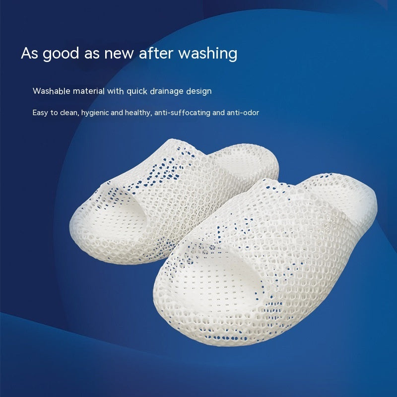 White mesh slippers on a blue background with text about their features.