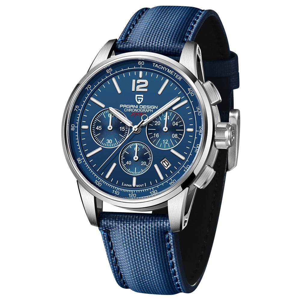 Blue watch with a detailed face on a white background