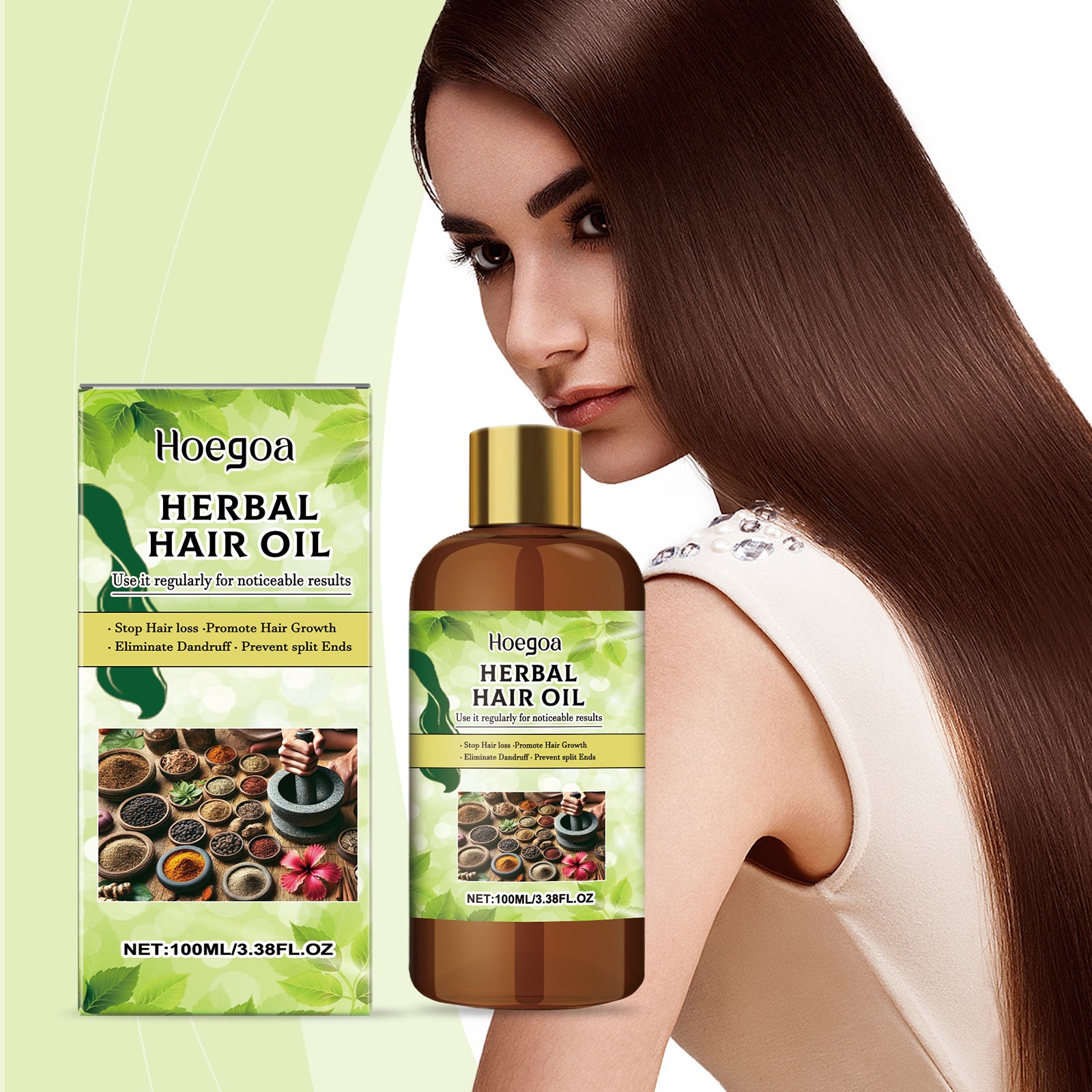 Hoegaoa Herbal Hair Oil packaging and bottle with a woman displaying long hair on a light green background