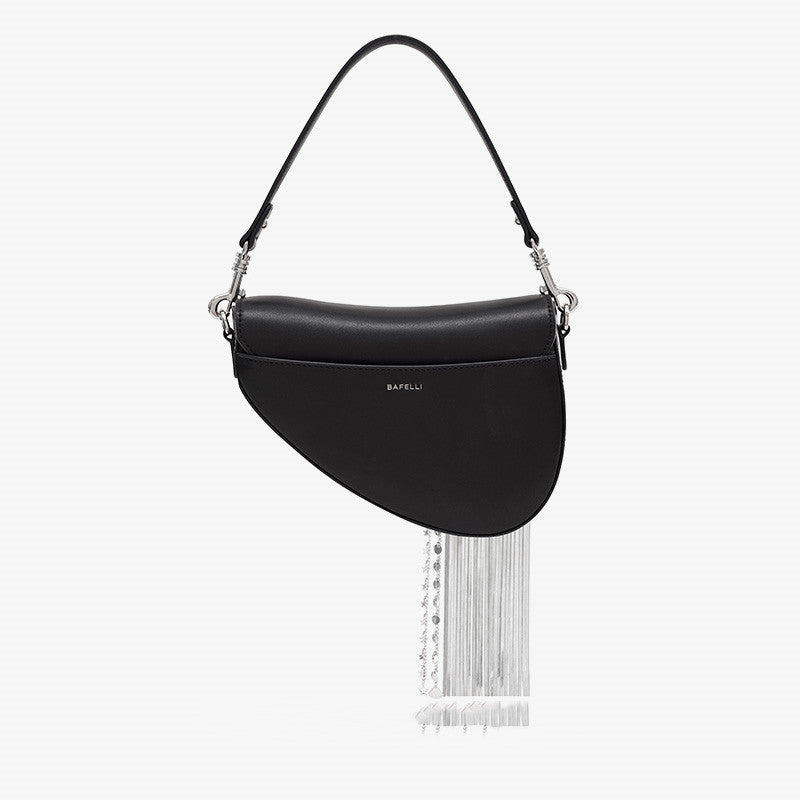 Black handbag with silver fringe and chain detail on a white background