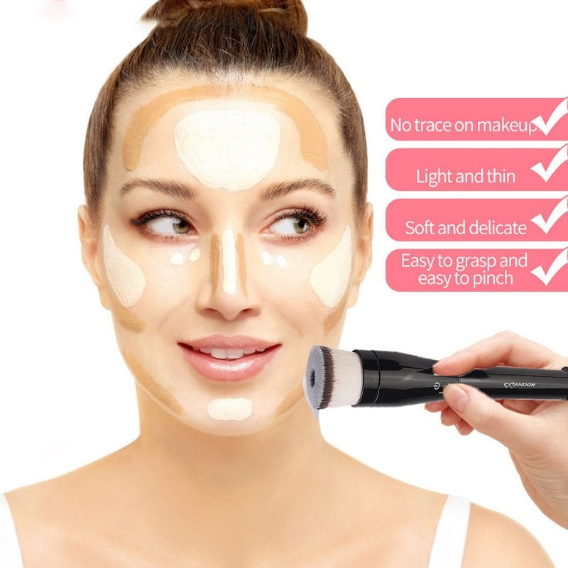 Woman applying makeup with a brush, showing product features on a white background