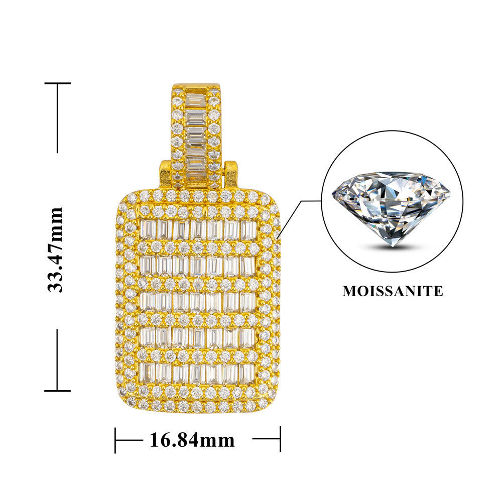 Gold pendant with diamond-like stones and measurements on a white background