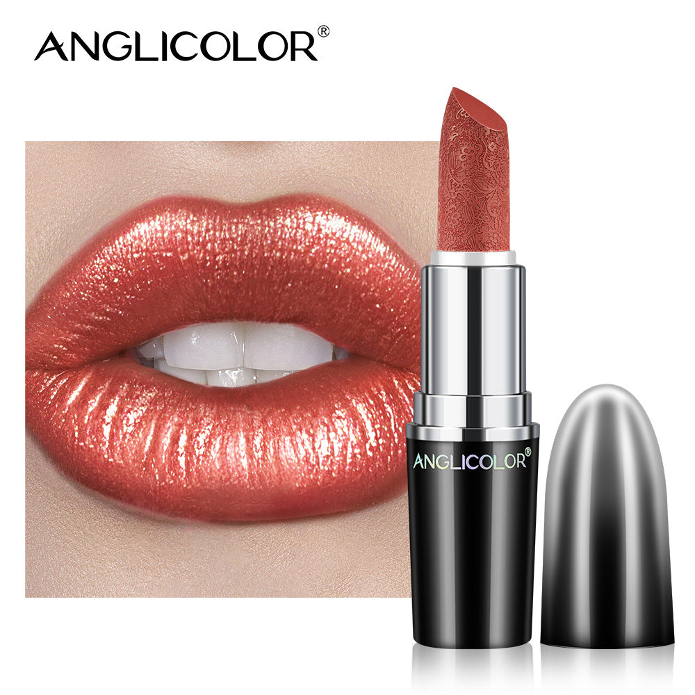 Anglicolor lipstick with a close-up of lips wearing the color on a white background