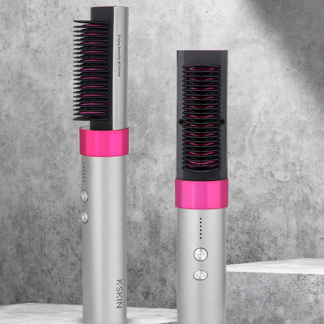 Hair styling tool with pink accents on a gray background