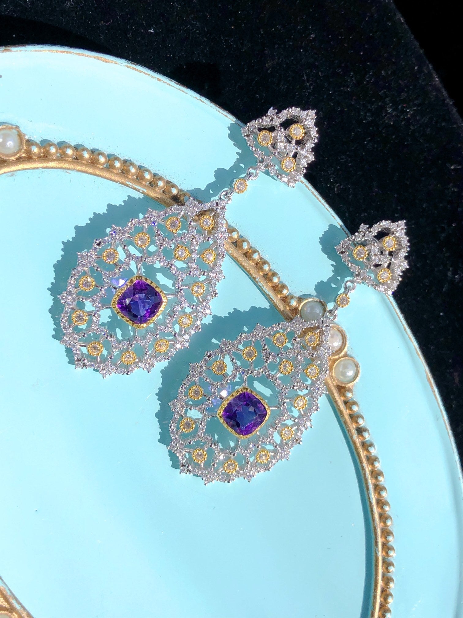925 Silver Gold-Plated Amethyst Drop Earrings 50x18mm