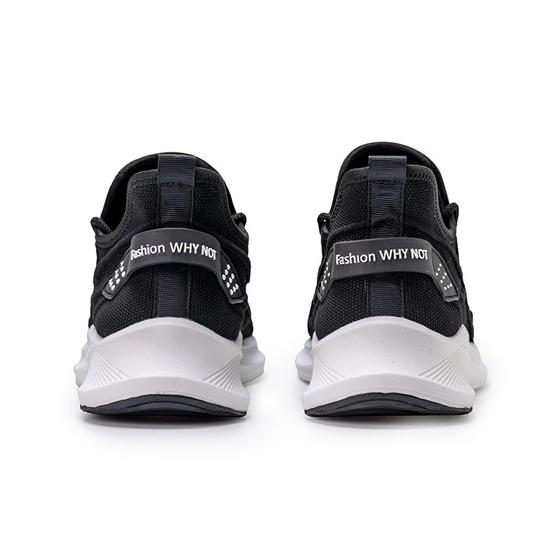 Black and white athletic shoes with 'Fashion Why Not' branding on a white background