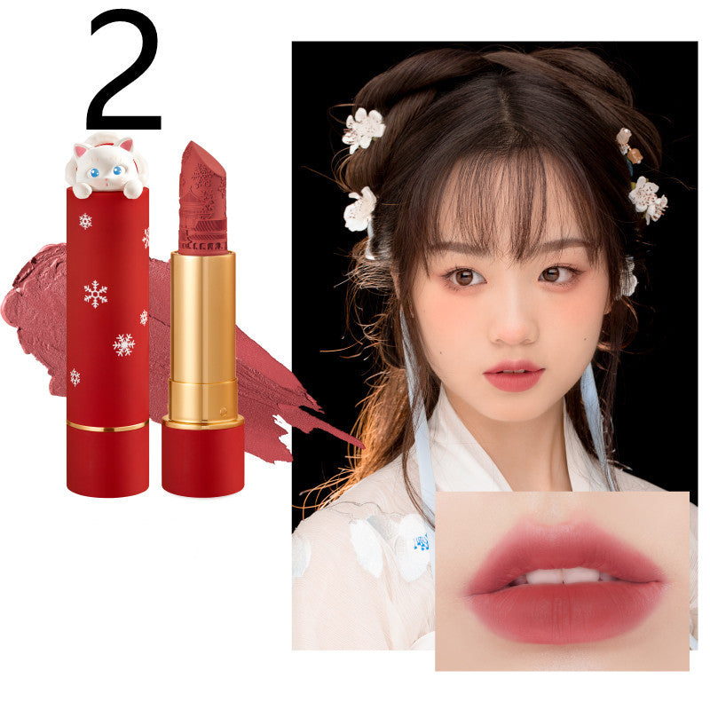 Two lipsticks with a close-up of a woman's lips wearing the shade, set against a white background.
