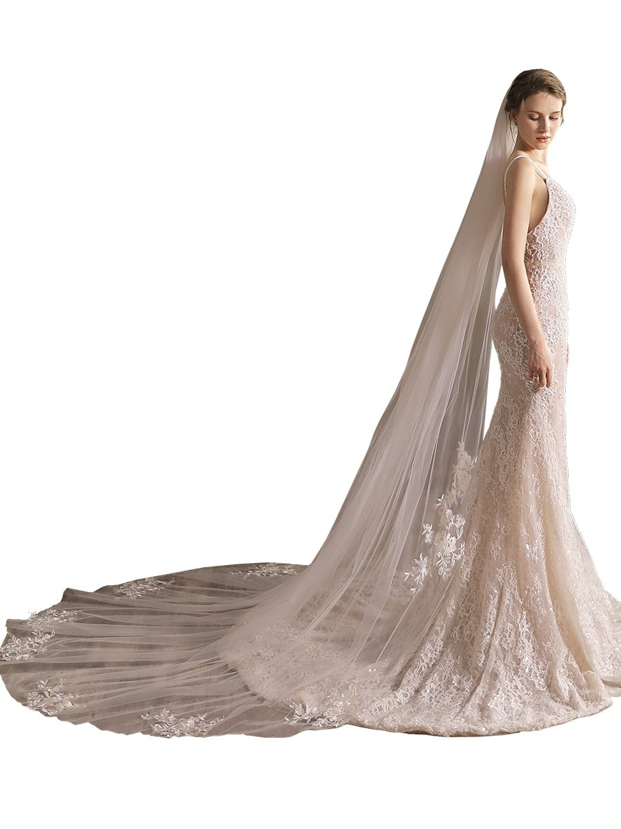 Lace wedding dress with a long train on a white background