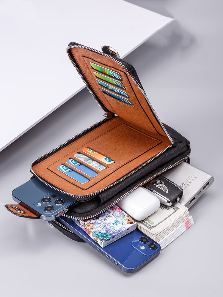 Multifunctional leather case with compartments for phone, cards, and cash on a light gray background