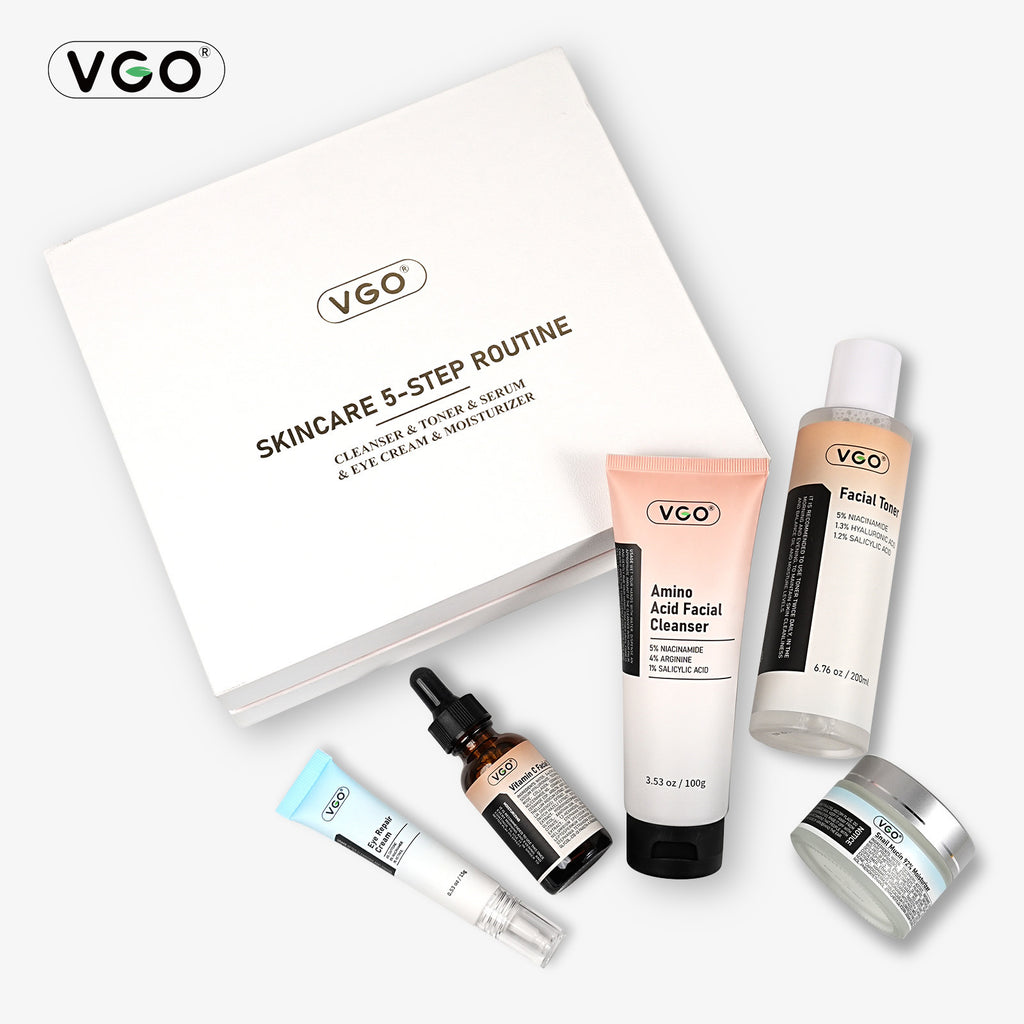 VGO skincare products including bottles and a box on a white background