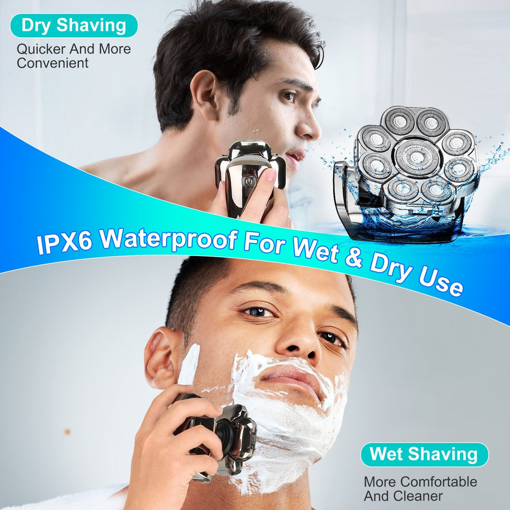 Man using a wet and dry shaver with product details on a white background