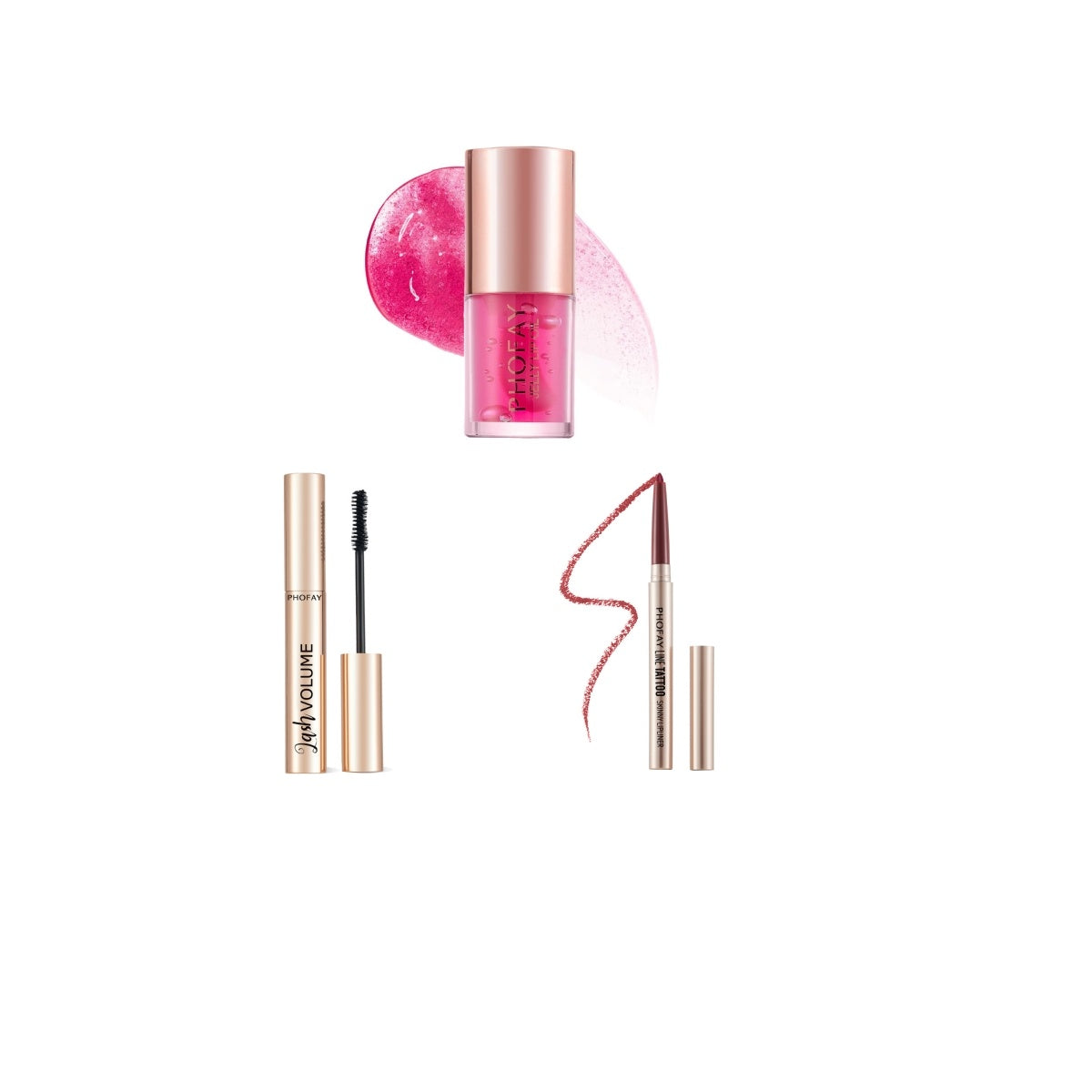 Set of makeup products including a pink lip gloss, mascara, and eyeliner on a white background.