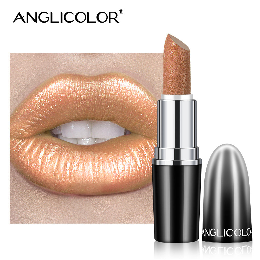 Anglicolor lipstick with a close-up of lips wearing the color on a white background