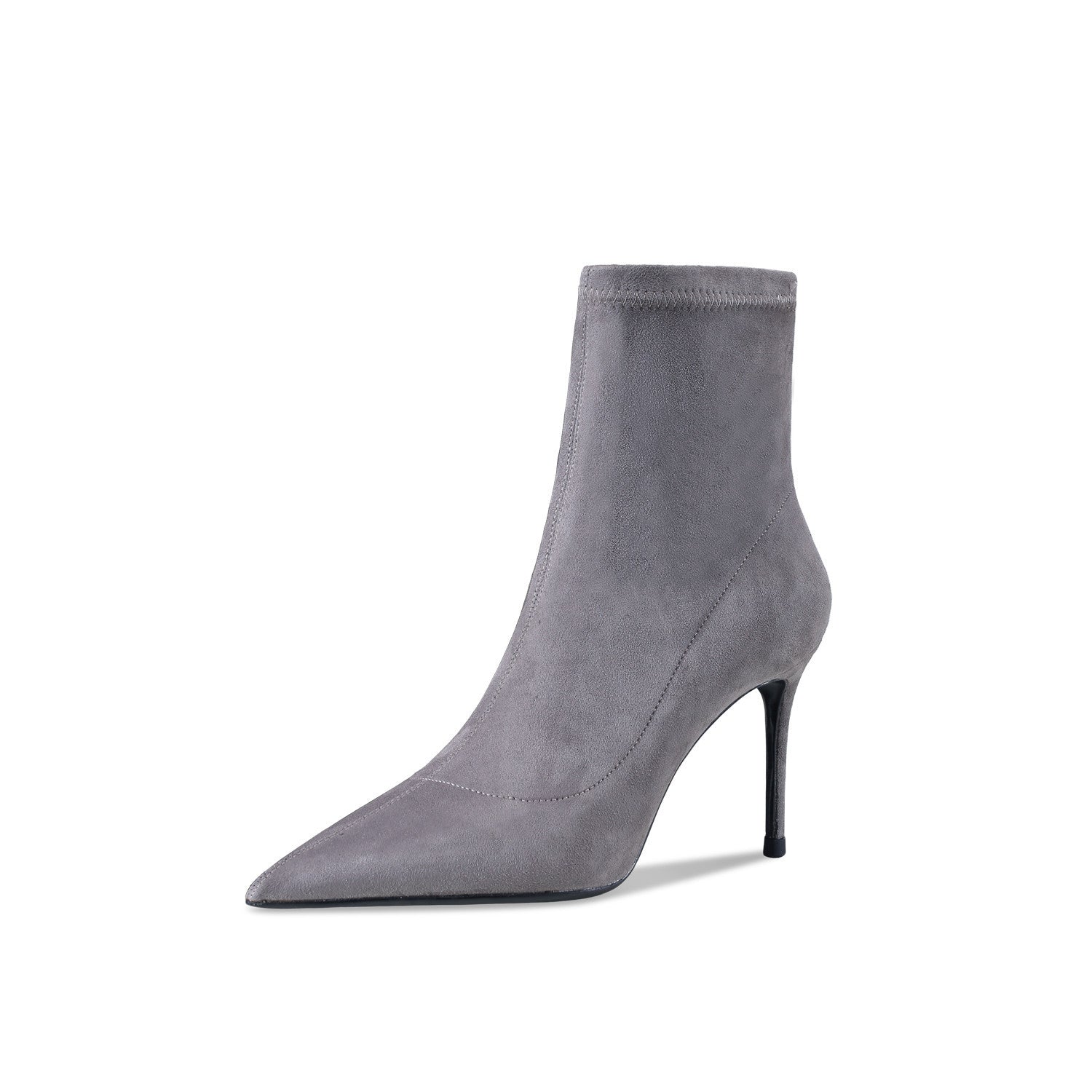 Gray suede ankle boot with a high heel on a white background
