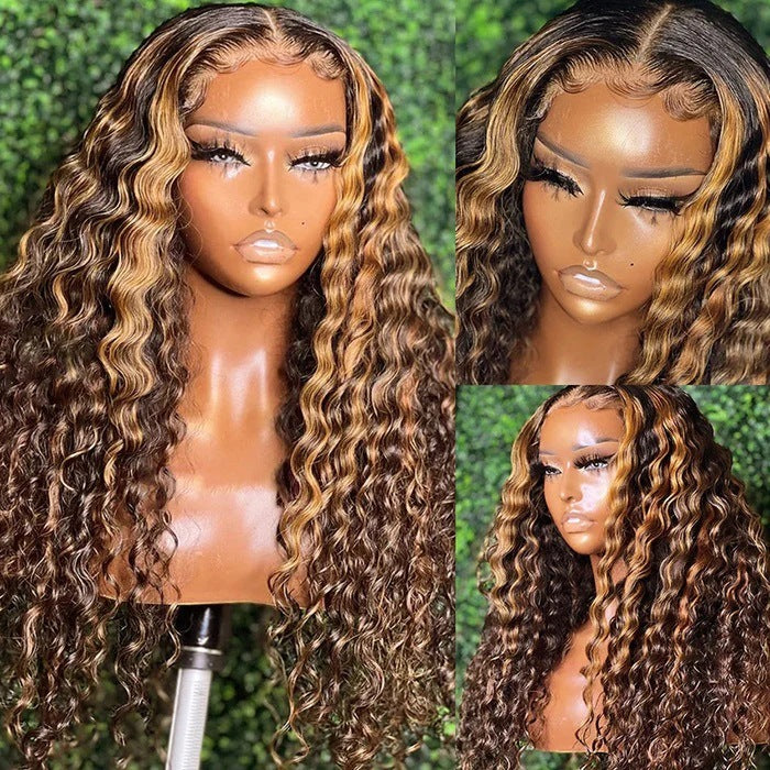 Brown wavy wig on a mannequin head with a green leafy background