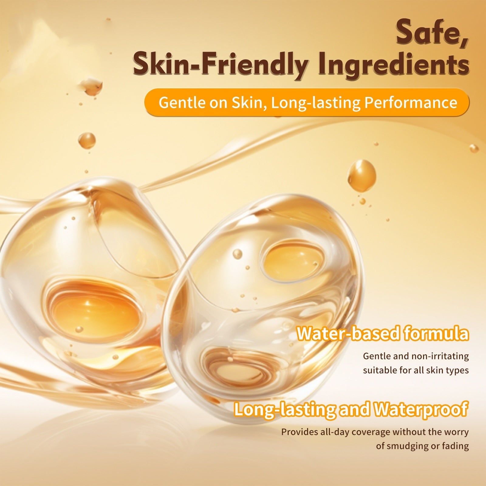 Product advertisement with two glass containers of a liquid on a beige background, highlighting safe skin-friendly ingredients.