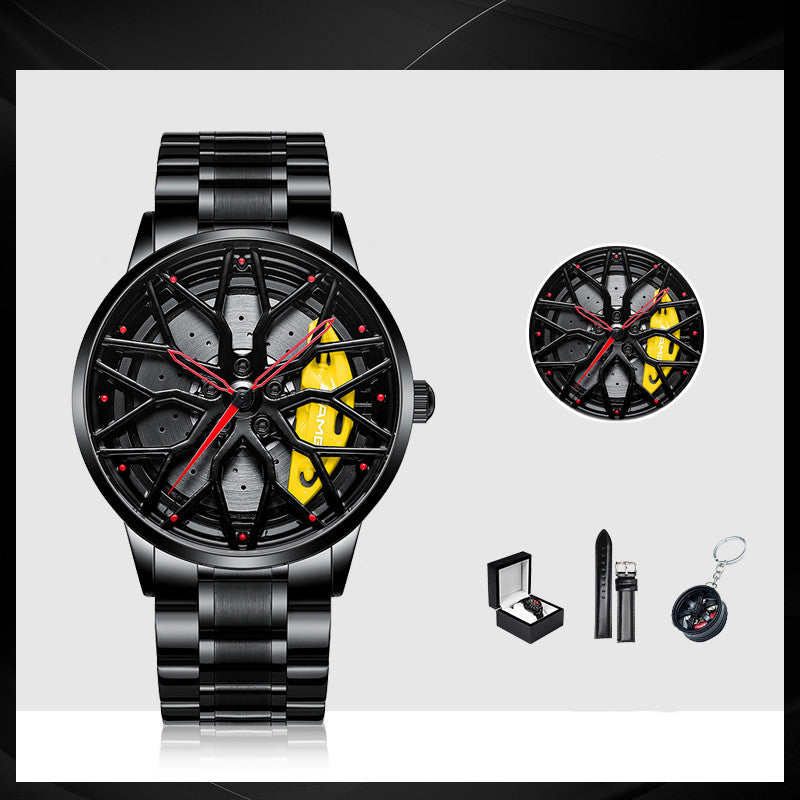 Black wristwatch with detailed face, packaging, strap, and keychain on a light gray background