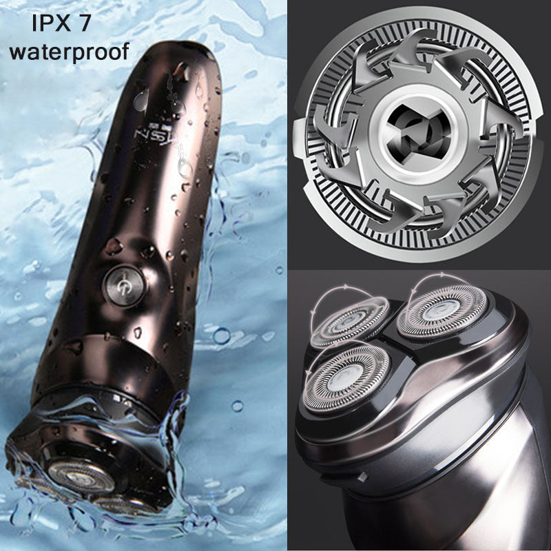 Electric shaver with waterproof feature and close-up of head and base.