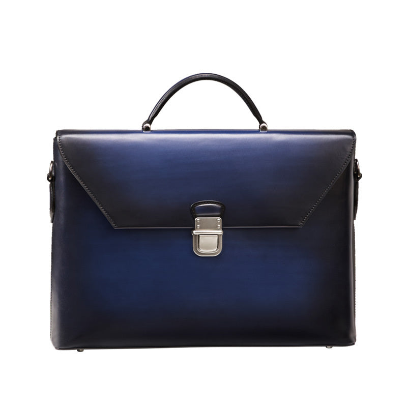 Blue leather briefcase with a silver clasp on a white background