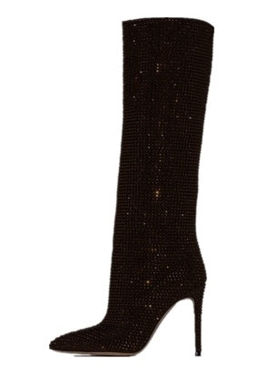 Black knee-high boot with stiletto heel on a white background