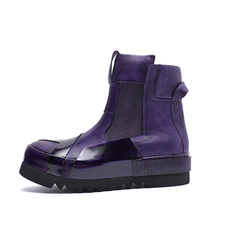Purple high-top sneaker with transparent panels on a white background