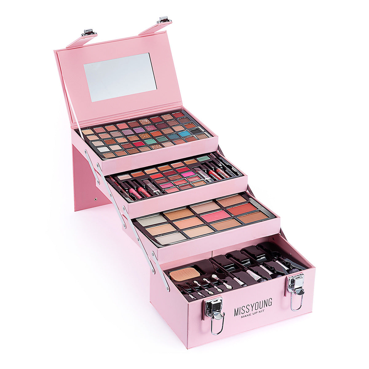 Pink makeup set with multiple palettes and tools on a white background